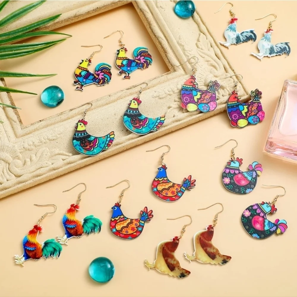 8 Pairs Gold Colorful Rooster and Hen Earrings Set